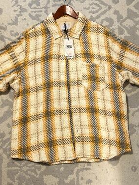 BDG Cream Plaid Short-Sleeve Button-Down Shirt with Yellow and Blue Stripes